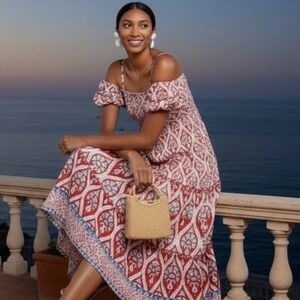 Tuckernuck Ash & Eden Fenya Midi Dress Multi Print Tiered Smocked Boho NWT XS